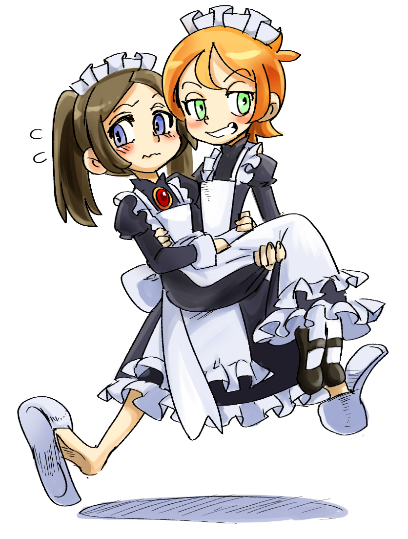 2girls aged_down akujikioh alternate_costume apron bloody_marie_(skullgirls) blue_eyes blush blush_stickers brooch brown_hair carrying carrying_person dress frilled_apron frilled_dress frills full_body green_eyes grin jewelry juliet_sleeves long_sleeves looking_to_the_side maid maid_headdress mary_janes multiple_girls orange_hair pantyhose peacock_(skullgirls) puffy_sleeves shoes short_hair skullgirls slippers smile sweatdrop twintails walking wavy_mouth white_background