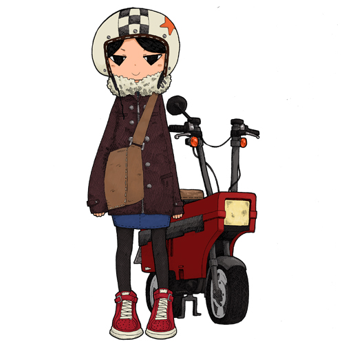 1girl bag black_hair black_pantyhose blue_skirt brown_jacket checkered_clothes checkered_hat closed_mouth commentary_request denim denim_skirt fur-trimmed_jacket fur_trim grey_hat hat helmet honda_motocompo jacket long_sleeves lowres motorcycle_helmet multicolored_shoes original pantyhose parted_bangs red_shoes shoes shoulder_bag simple_background skirt sleeves_past_wrists smile solo standing two-tone_shoes white_background white_shoes yukimoto_shuuji_(gurigura)