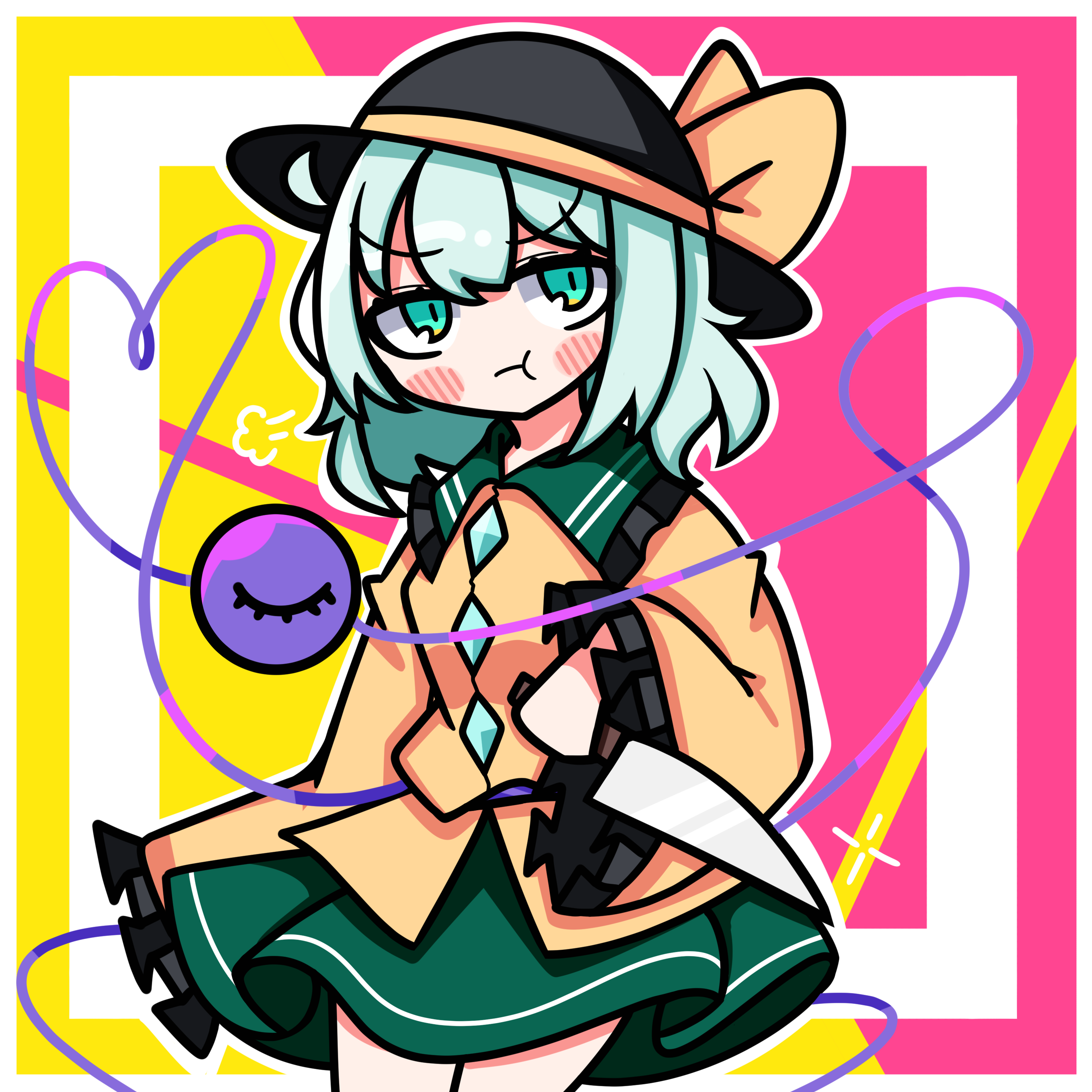 1girl :t absurdres black_hat blush blush_stickers bow buttons diamond_button frilled_shirt_collar frilled_sleeves frills green_eyes green_hair green_skirt hat hat_bow heart heart_of_string highres holding holding_knife knife komeiji_koishi light_green_hair long_sleeves looking_to_the_side medium_hair pink_background pout puff_of_air shirt skirt sleeves_past_wrists solo standing third_eye touhou two-tone_background waroemon weapon yellow_background yellow_bow yellow_shirt