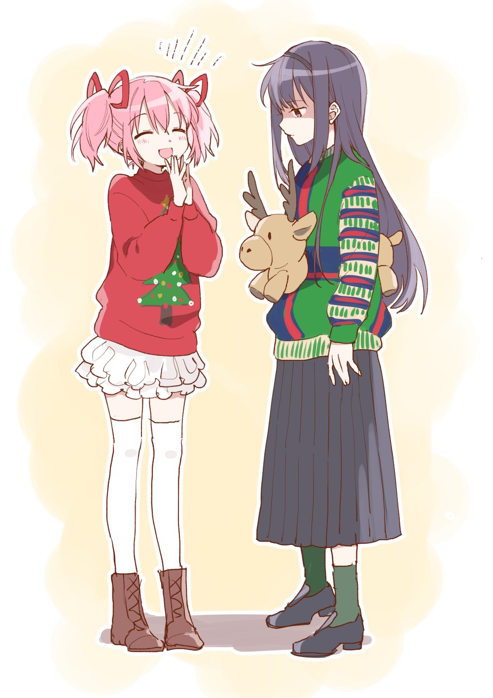 +++ 2girls ^_^ akemi_homura ankle_boots ankle_socks arm_at_side ayumaru_(art_of_life) black_eyes black_footwear black_hair black_hairband black_skirt boots border brown_footwear christmas christmas_sweater christmas_tree_print closed_eyes closed_mouth dot_nose double-parted_bangs empty_eyes expressionless facing_viewer frilled_skirt frills full_body green_socks hair_behind_ear hair_between_eyes hair_over_shoulder hair_ribbon hairband half-closed_eyes hands_up happy height_difference highres kaname_madoka lace-up_boots laughing layered_skirt light_blush loafers long_hair long_skirt mahou_shoujo_madoka_magica mahou_shoujo_madoka_magica_(anime) multicolored_sweater multiple_girls open_mouth outline own_hands_clasped own_hands_together pink_hair pleated_skirt profile red_ribbon red_sweater ribbon shaded_face shadow shoes short_twintails side-by-side sidelocks simple_background skirt socks standing straight_hair sweater thighhighs twintails ugly_sweater white_border white_outline white_skirt white_thighhighs wispy_bangs yellow_background zettai_ryouiki