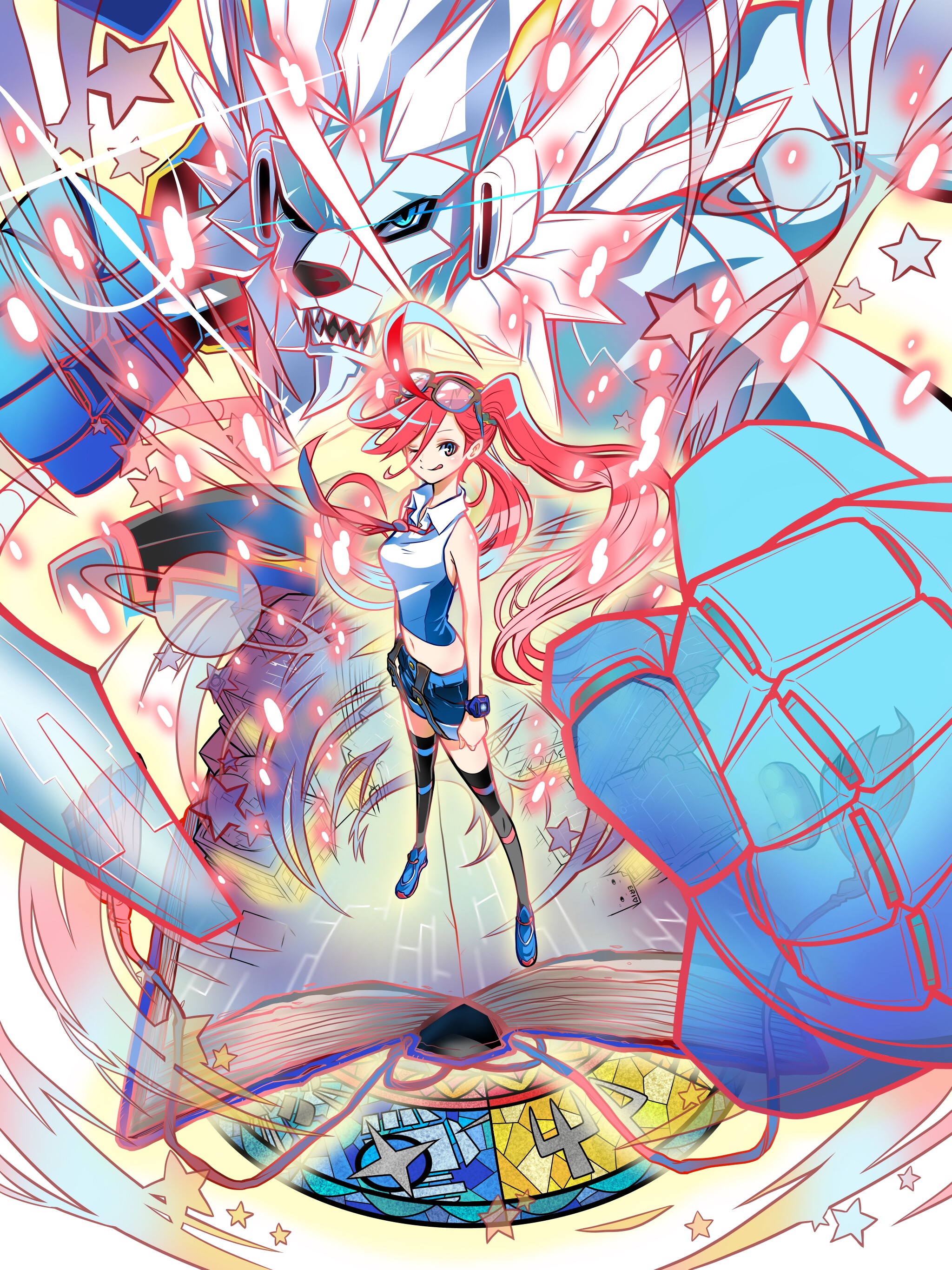 1boy 1girl :p absurdres armor aura bandai digimon digimon_universe:_appli_monsters energy fangs full_armor happy highres karan_eri long_hair looking_at_viewer muscular naoki_akamine one_eye_closed oujamon pink_hair shoes shorts smile standing tongue tongue_out twintails wink
