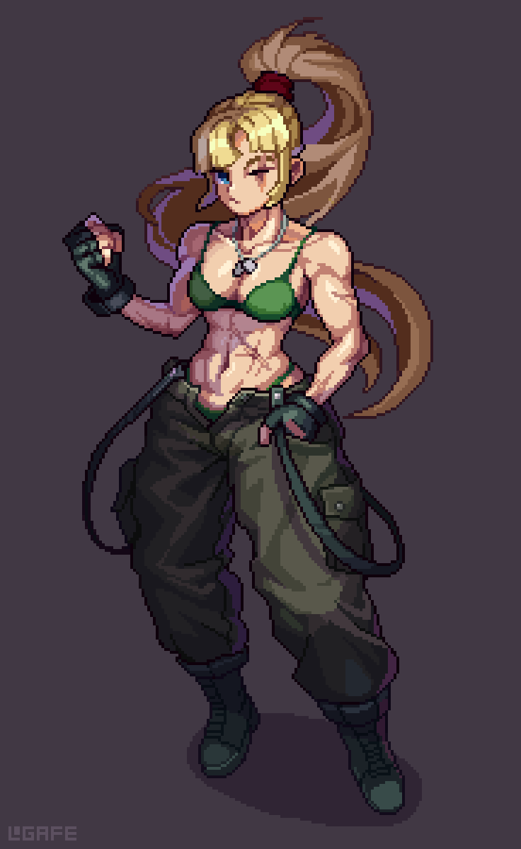 1girl abs biceps bikini blonde_hair blue_eyes breasts dog_tags dragunov_(metal_slug) fingerless_gloves flexing gloves green_bikini green_pants highres large_breasts legafe1 long_hair loose_clothes metal_slug metal_slug_attack muscular muscular_female obliques one-eyed one_eye_closed pants pixel_art ponytail scar scar_across_eye scar_on_face solo swimsuit