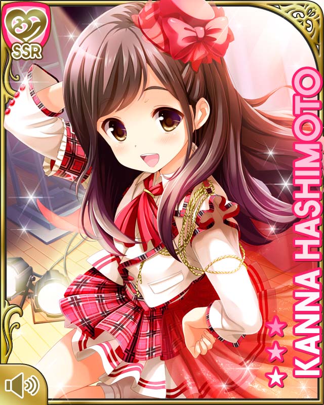 1girl alternate_costume bow brown_eyes brown_hair card character_name female_focus from_above girlfriend_(kari) hand_on_own_hip hashimoto_kanna hat indoors long_hair looking_at_viewer official_art open_mouth qp:flapper red_bow red_neckwear shirt skirt smile solo standing tagme white_shirt