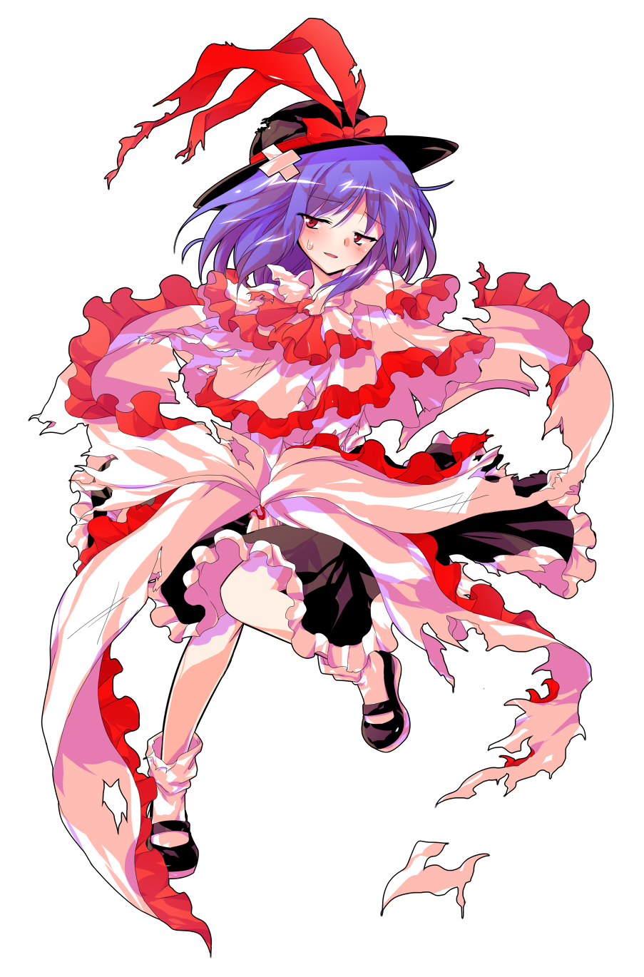 1girl alphes_(style) ascot black_hat black_shoes black_skirt blush capelet collared_shirt commentary_request dairi defeat frilled_capelet frilled_shawl frills full_body hagoromo half-closed_eyes hat hat_ribbon highres large_variant_set long_skirt long_sleeves looking_at_viewer medium_hair nagae_iku parody parted_lips purple_hair red_ascot red_eyes ribbon shawl shirt shoes skirt smile solo style_parody tachi-e torn_clothes touhou transparent_background variant_set white_shirt