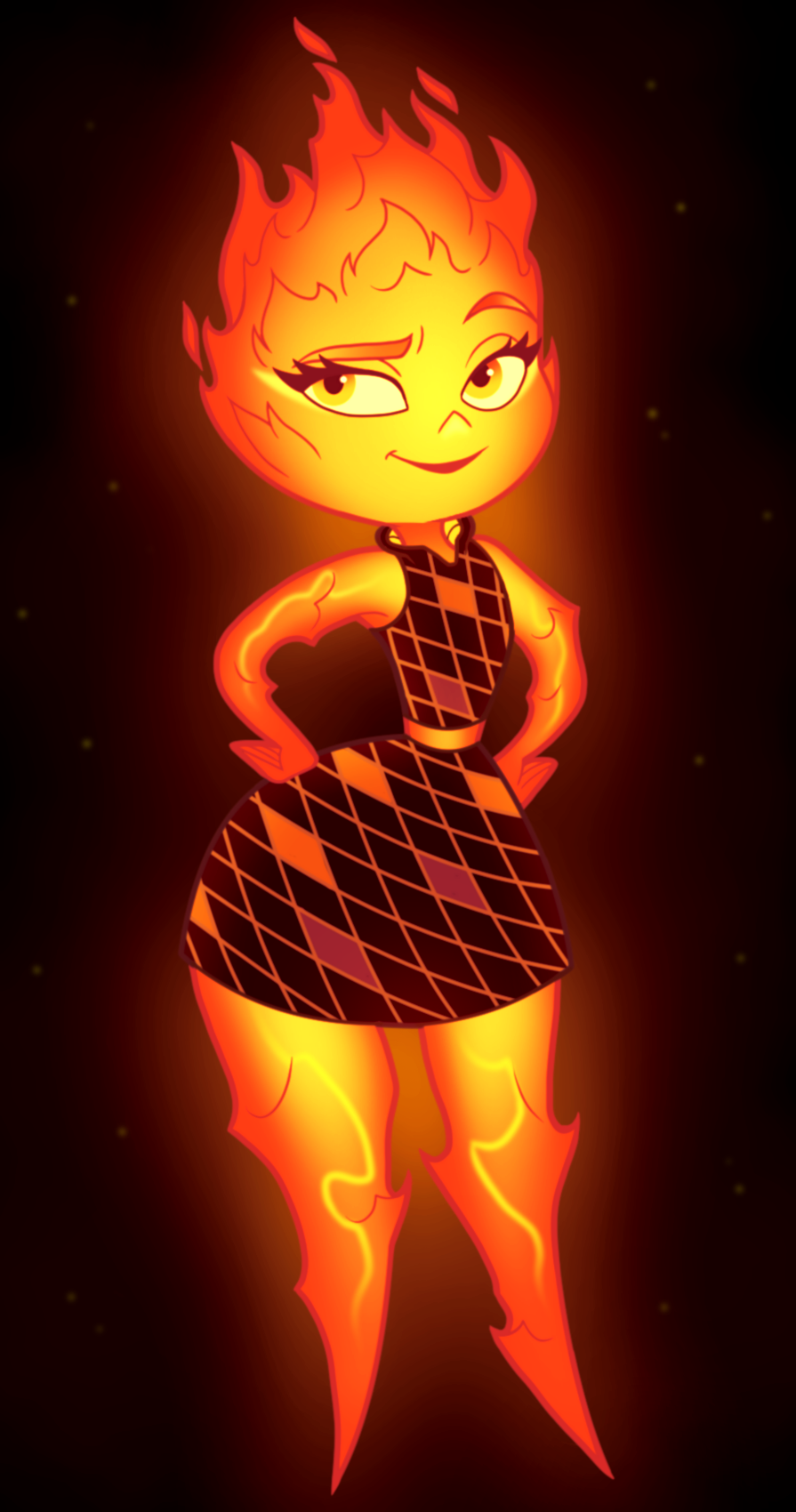 1girl closed_mouth commentary dress elemental_(movie) ember_(elemental) english_commentary eyelashes full_body hands_on_own_hips highres miniskirt nose raised_eyebrow short_dress skirt solo tonyneely