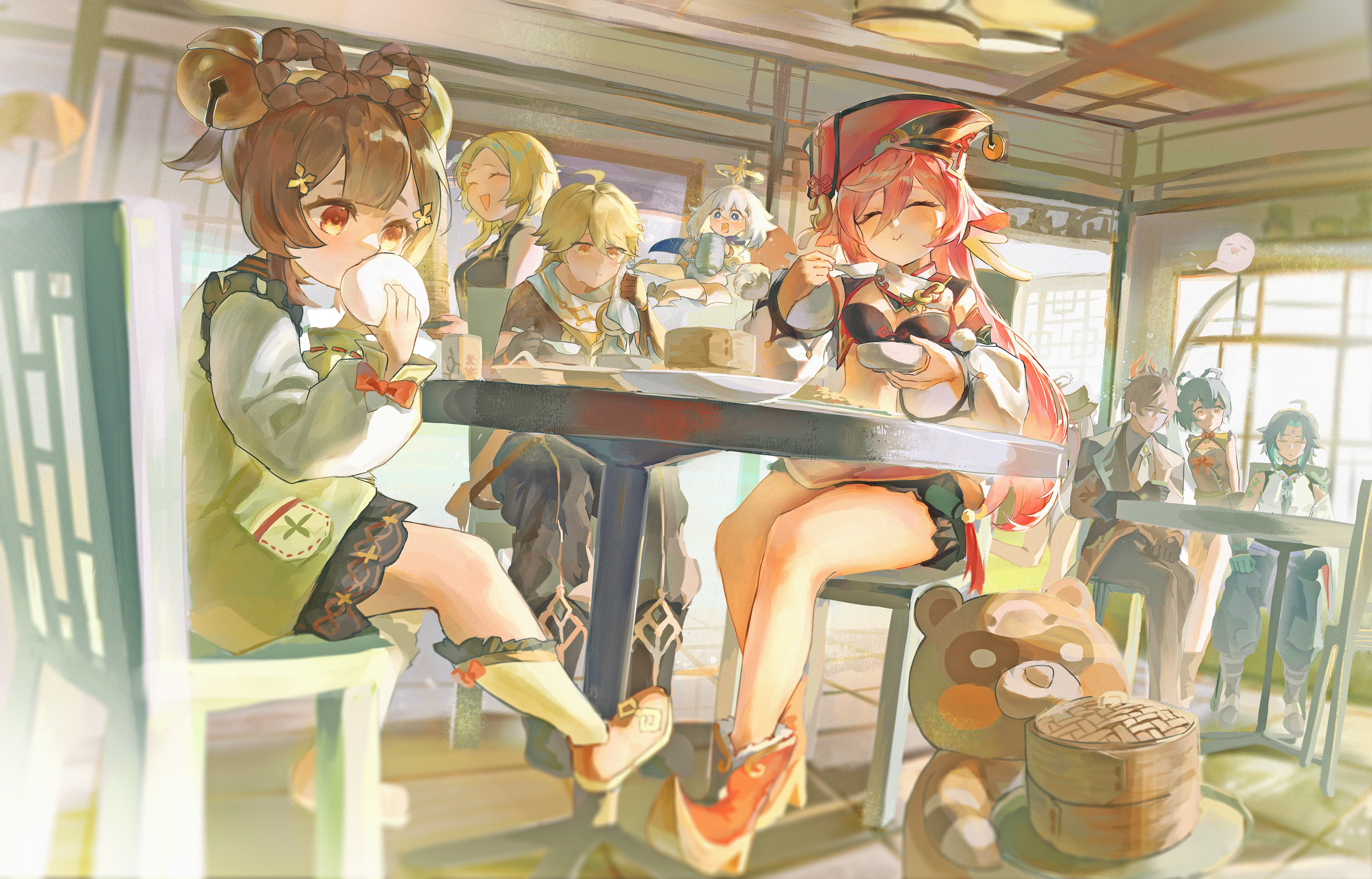 2others 3boys 6+girls absurdres aether_(genshin_impact) ahoge architecture bamboo_steamer bell black_gloves blonde_hair blunt_bangs boo_tao_(genshin_impact) bow-shaped_hair bowl braid braided_hair_rings breasts brother_and_sister brown_hair chair chinese_clothes cleavage closed_eyes closed_mouth commentary_request crop_top cup east_asian_architecture eating facial_mark floating food forehead_mark genshin_impact ghost gloves green_hair guoba_(genshin_impact) hair_bell hair_between_eyes hair_ornament hair_rings halo hat highres holding holding_bowl holding_cup holding_napkin holding_spoon holding_tray horns hu_tao_(genshin_impact) indoors long_hair long_sleeves lumine_(genshin_impact) medium_breasts multiple_boys multiple_girls multiple_others on_chair open_mouth orange_eyes paimon_(genshin_impact) pink_hair red_hat red_panda restaurant robizou_(robizou285) romper scarf shirt shoes short_hair short_hair_with_long_locks siblings sitting smile spoon steamed_bun sunlight table tray white_hair white_romper window wooden_floor xiangling_(genshin_impact) xiao_(genshin_impact) xiezhi_guan yanfei_(genshin_impact) yaoyao_(genshin_impact) yellow_eyes zhongli_(genshin_impact)