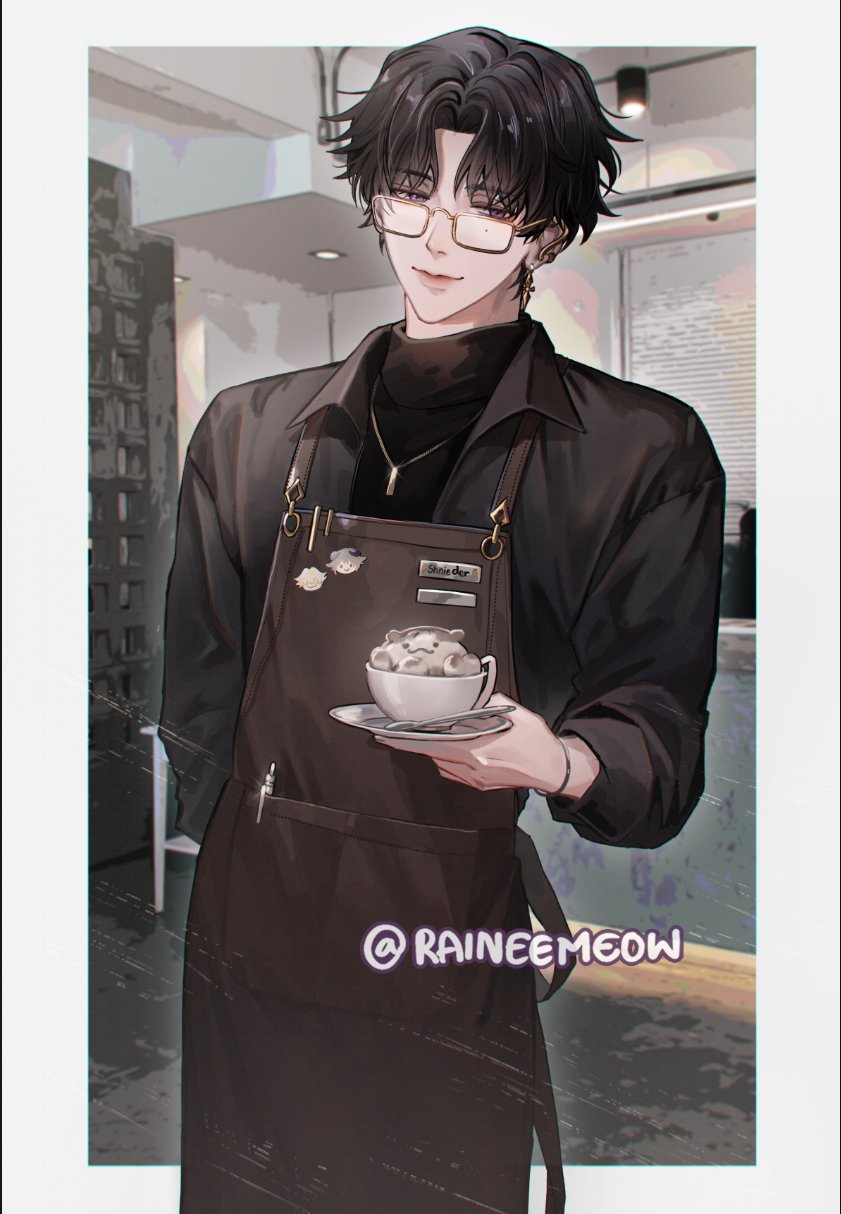 1boy algorhythm_project apron arm_behind_back artist_name baabel_(algorhythm_project) black_hair black_shirt blurry blurry_background border bracelet brown_apron cappuccino chain chain_necklace closed_mouth coffee collared_shirt commentary_request cup dacapo_(algorhythm_project) earclip earrings glasses gold_earrings hand_up highres holding holding_saucer indoors jewelry latte_art long_sleeves looking_at_viewer male_focus mole mole_under_eye mug name_tag necklace object_in_pocket outside_border parted_bangs pen pen_in_pocket pocket purple_eyes raineemeow rectangular_eyewear saucer schneider_(algorhythm_project) shirt short_hair smile solo spoon standing thai_commentary turtleneck twitter_username virtual_youtuber white_border yellow-framed_eyewear