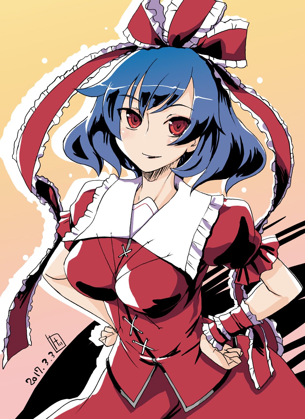 1girl blue_hair blush breasts commentary_request cosplay cowboy_shot dated frilled_ribbon frilled_shirt_collar frilled_sleeves frills gradient_background hair_ribbon highres kagiyama_hina kagiyama_hina_(cosplay) kei_jiei large_breasts looking_at_viewer one-hour_drawing_challenge open_mouth orange_background puffy_short_sleeves puffy_sleeves red_eyes red_ribbon red_shirt red_skirt ribbon shirt short_hair short_sleeves skirt skirt_set smile solo touhou wrist_ribbon yasaka_kanako