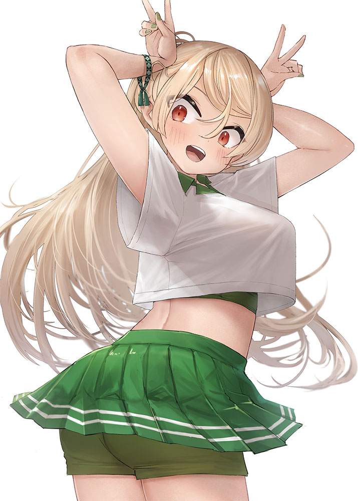 1girl alternate_costume bike_shorts blush breasts brown_eyes conte_di_cavour_(kancolle) cosplay covered_underboob green_shorts green_skirt kantai_collection large_breasts long_hair looking_at_viewer minneapolis_(kancolle) minneapolis_(tennis)_(kancolle) open_mouth polo_shirt shirt shorts skirt smile solo sportswear tennis_court tennis_skirt tennis_uniform toka_(marchlizard) two_side_up