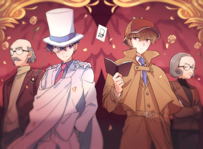 1girl 3boys akiyoshi_(tama-pete) balding blazer blonde_hair blue_eyes blue_hair blue_necktie book brown_jacket cape commentary_request crossed_arms detective eye_contact facial_hair falling_petals floating_clothes flower formal_clothes glasses grey_hair hakuba_saguru hand_in_pocket hat holding holding_book jacket jii_kounosuke kaitou_kid looking_at_another magic_kaito monocle monocle_chain multiple_boys mustache necktie old old_man old_woman open_clothes open_jacket petals pink_necktie red_eyes red_lips rose round_eyewear shikibe_kashiko short_hair smirk suit sweater top_hat turtleneck turtleneck_sweater white_cape white_suit yellow_flower yellow_rose