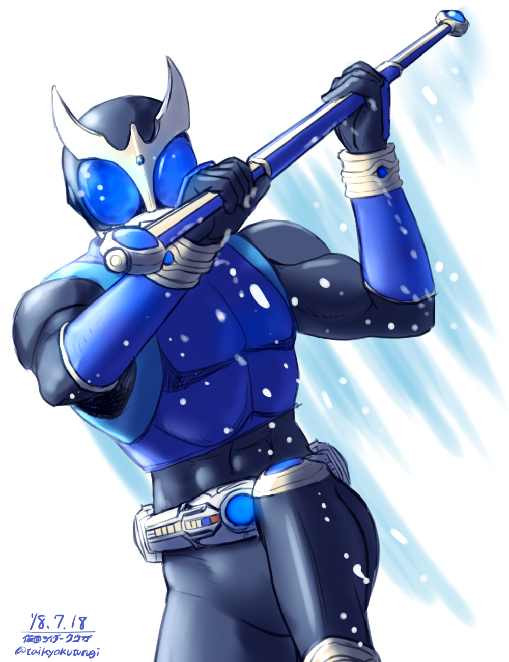 1boy arcle_(kuuga) armor black_bodysuit blue_armor blue_eyes blue_vest bodysuit commentary_request compound_eyes dated forehead_jewel gold_horns highres holding holding_stick holding_weapon kamen_rider kamen_rider_kuuga kamen_rider_kuuga_(series) kuuga_(dragon) leg_up light_particles male_focus partial_commentary simple_background solo stick taikyoku_tsurugi upper_body vest weapon white_background