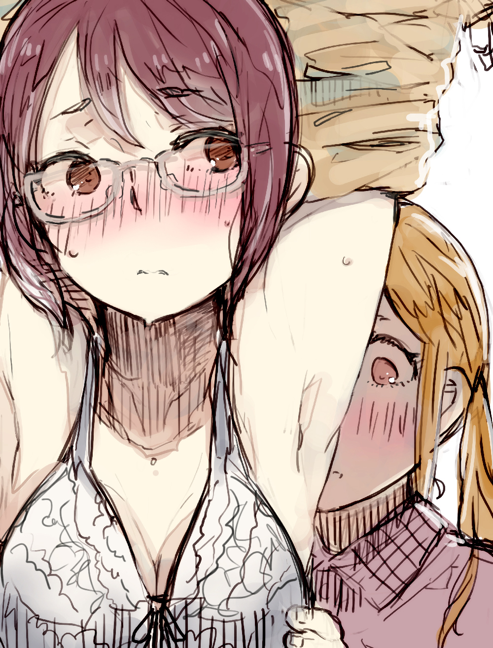 2girls armpits blush bra glasses highres miusa multiple_girls okujou_no_yurirei-san sketch sonou_tsukuyo teacher tsurugimine_kiri underwear undressing yuri