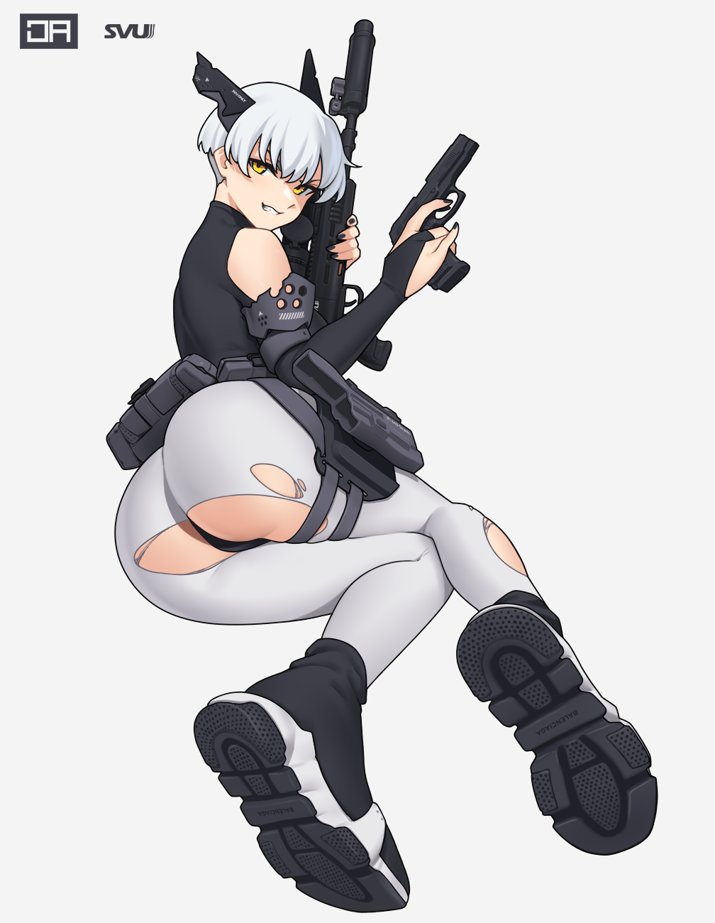1girl ankle_boots ass bare_shoulders battle_rifle belt_pouch black_boots black_leotard black_nails boots bridal_gauntlets bullpup carbine dragunov_svu full_body girls&#039;_frontline gun handgun headgear highres holding holding_gun holding_weapon holster huge_ass j_adsen leotard lying mp-443_grach nail_polish on_side original pantyhose parted_lips pouch rifle shoe_soles short_hair simple_background sniper_rifle solo suppressor thigh_strap thong torn_clothes torn_pantyhose trigger_discipline v-shaped_eyebrows weapon white_background white_hair white_pantyhose yellow_eyes