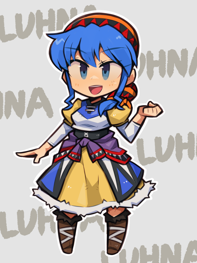 1girl bandana blue_eyes blue_hair breasts chibi dress ibara. looking_at_viewer luna_noah lunar:_the_silver_star open_mouth ponytail smile solo