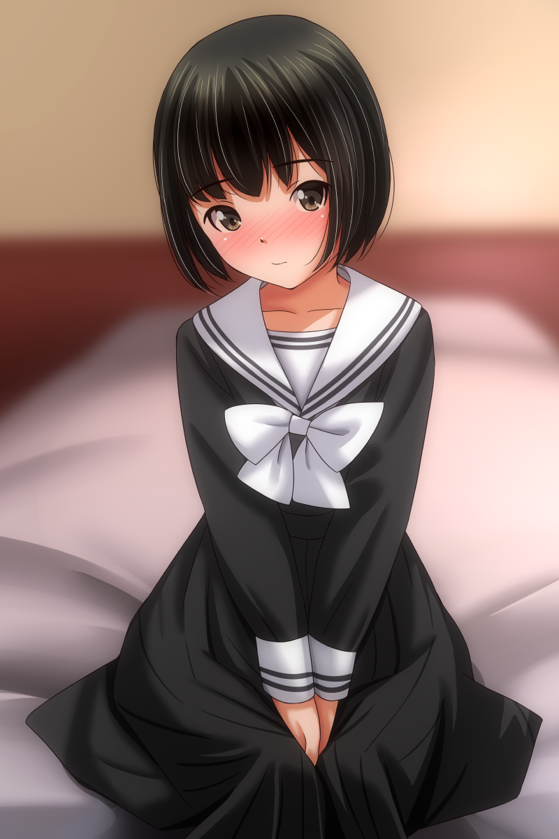 1girl bed black_hair black_shirt black_skirt blush bow bowtie brown_eyes collarbone embarrassed long_sleeves looking_at_viewer matsunaga_kouyou on_bed original school_uniform shirt short_hair sitting skirt white_bow white_bowtie