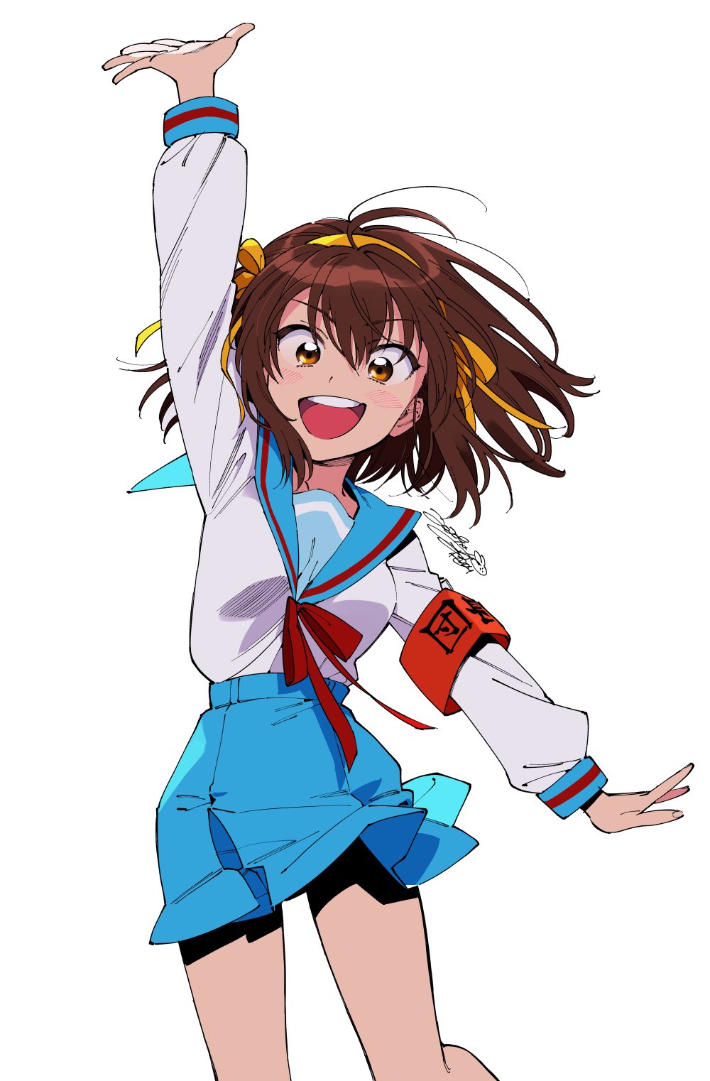 1girl armband blouse brown_eyes brown_hair floating_hair hairband hand_up highres jumping open_mouth red_armband school_uniform serafuku shirt shirt_tucked_in short_hair simple_background solo suzumiya_haruhi suzumiya_haruhi_no_yuuutsu teeth upper_teeth_only white_background white_shirt yellow_hairband zekkyou_(h9s9)