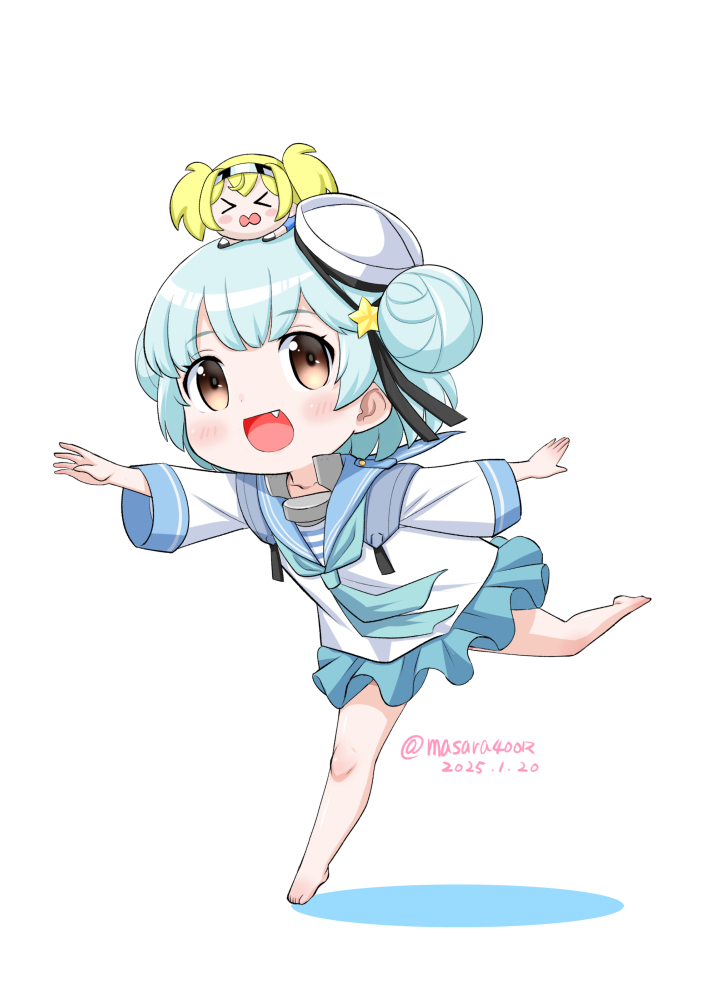 2girls aqua_neckerchief aqua_skirt barefoot blue_hair blue_sailor_collar chibi chibi_on_head dated dixie_cup_hat double_bun gambier_bay_(kancolle) hair_bun hat kantai_collection masara_(chuujou) military_hat mini_person minigirl multiple_girls navy_cross neckerchief on_head one-hour_drawing_challenge running sailor_collar samuel_b._roberts_(kancolle) school_uniform serafuku short_hair simple_background skirt smile twitter_username whale white_background white_hat