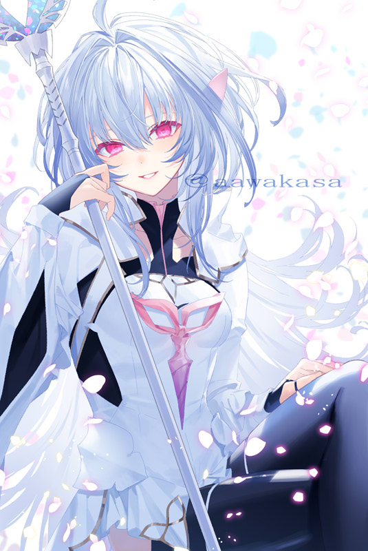 1girl ahoge bridal_gauntlets crossed_legs fate/grand_order fate_(series) holding holding_staff lady_avalon_(fate) lady_avalon_(first_ascension)_(fate) long_hair merlin_(fate/prototype) petals pink_eyes ryuuki_(hydrangea) staff twitter_username watermark white_hair