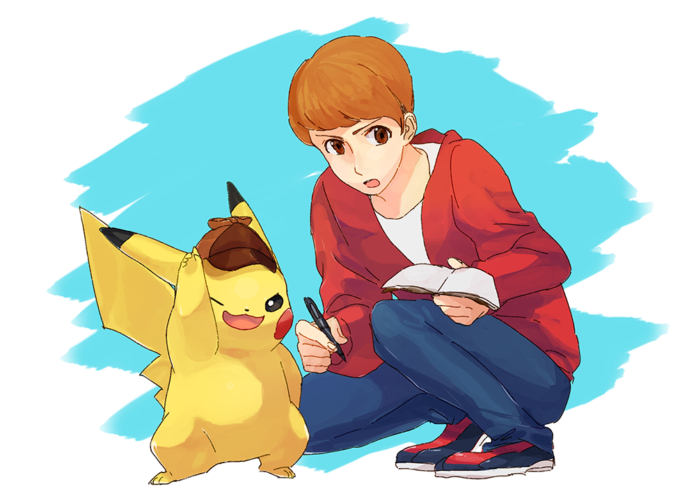 1boy brown_eyes brown_hair buntatta clothed_pokemon deerstalker denim detective_pikachu_(character) detective_pikachu_(game) detective_pikachu_(series) gen_1_pokemon hat jeans nintendo notepad open_mouth pants pen pikachu pointing pointing_up pokemon pokemon_(creature) shoes sneakers squatting tim_goodman