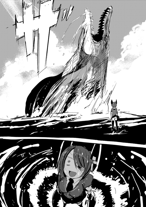 ._. 1girl black_thighhighs cloud cloudy_sky crossover eyepatch greyscale headgear jurassic_park jurassic_world kantai_collection ken_(koala) monochrome mosasaur mosasaurus necktie ocean open_mouth panties pantyshot parody school_uniform short_hair size_difference sketch skirt sky standing standing_on_liquid sword teeth tenryuu_(kancolle) thighhighs underwear weapon
