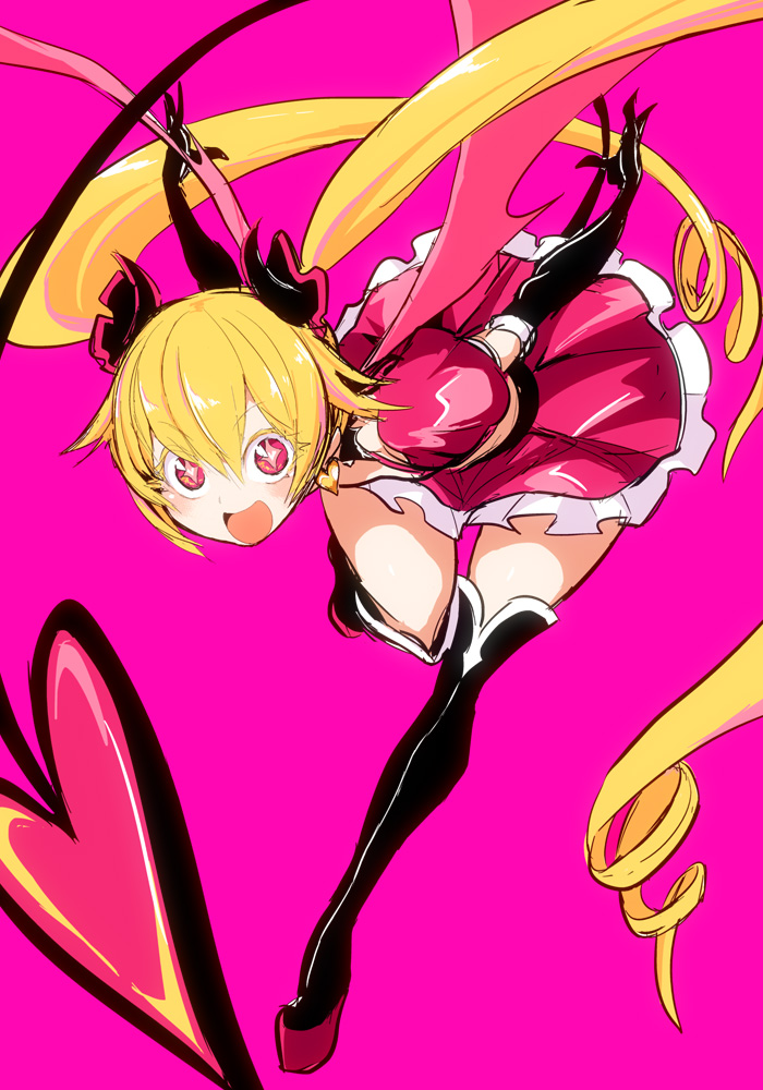 +_+ 1girl :d arms_behind_back black_boots black_gloves blonde_hair boots demon_horns demon_tail dynamic_pose elbow_gloves full_body gloves heart horns ken_(koala) kisaki_emiri leaning_forward long_hair looking_at_viewer magia_record:_mahou_shoujo_madoka_magica_gaiden magical_girl mahou_shoujo_madoka_magica open_mouth pink_background pink_skirt simple_background skirt smile solo standing standing_on_one_leg tail twintails very_long_hair