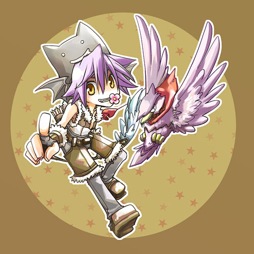 1boy bird black_wings brown_background brown_gloves brown_shirt brown_shoes brown_shorts commentary_request demon_wings deviruchi_hat fingerless_gloves full_body fur-trimmed_gloves fur-trimmed_shirt fur-trimmed_shorts fur_trim gloves grey_pants grin hat hawk head_wings looking_at_viewer lowres male_focus numi_(sin) pants pants_under_shorts purple_hair ragnarok_online shirt shoes short_hair shorts sleeveless sleeveless_shirt smile sniper_(ragnarok_online) solo star_(symbol) wings yellow_eyes