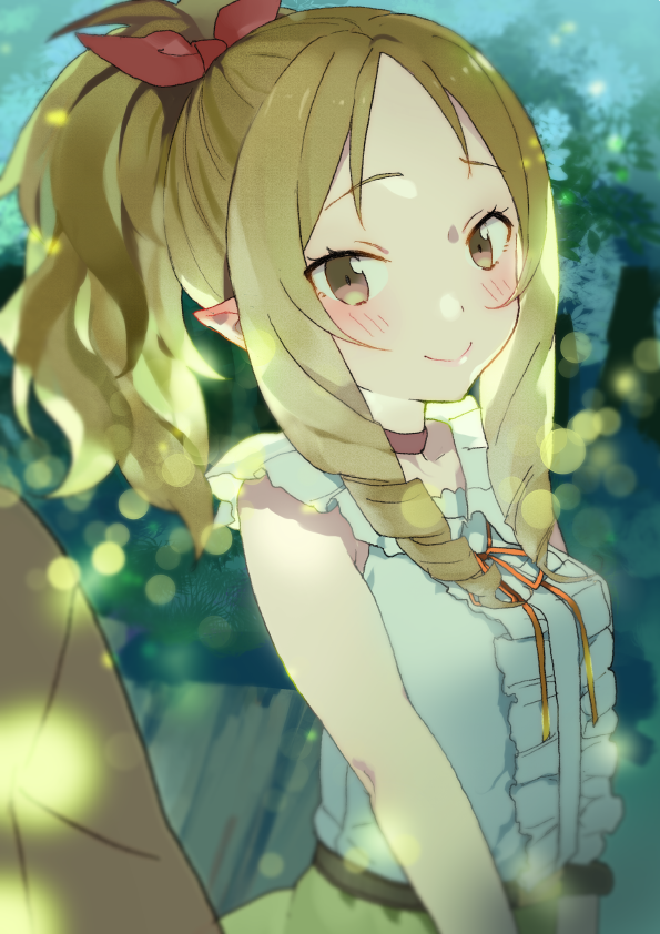10s 1girl bare_shoulders blonde_hair blouse blush breasts brown_eyes choker eromanga_sensei female_focus fireflies grass ikeya looking_at_viewer night ponytail shirt sleeveless sleeveless_shirt smile solo tree yamada_elf