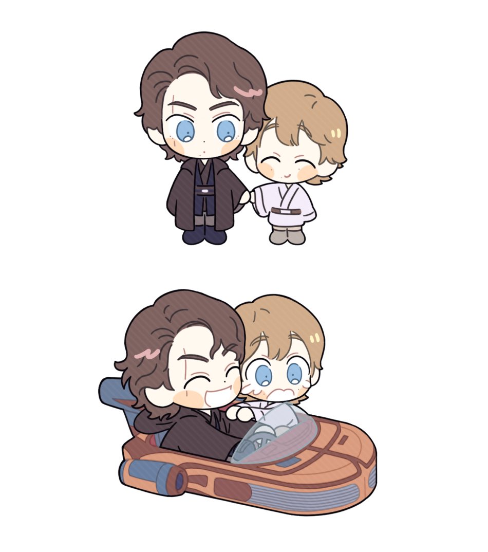 2boys anakin_skywalker blonde_hair blue_eyes blush_stickers father_and_son happy holding_hands luke_skywalker multiple_boys scar scar_across_eye scar_on_face science_fiction skdlfjgrp star_wars star_wars:_a_new_hope star_wars:_revenge_of_the_sith tears time_paradox x-34_landspeeder