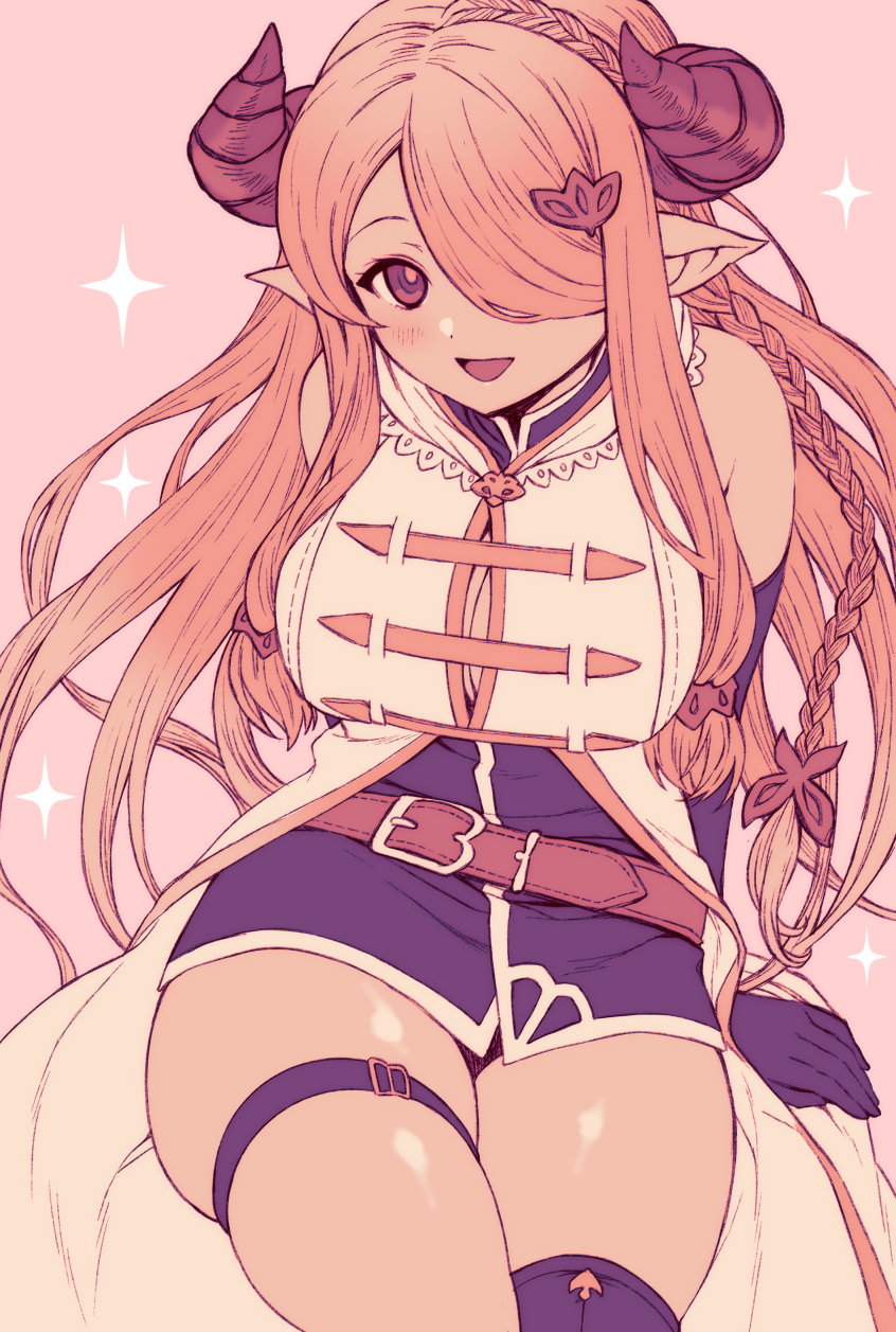 1girl :d bare_shoulders belt blush braid breasts butterfly_hair_ornament cleavage coat commentary_request draph ekra elbow_gloves gloves granblue_fantasy hair_ornament hair_over_one_eye highres horns large_breasts long_hair looking_at_viewer narmaya_(granblue_fantasy) open_mouth pink_background pink_hair pointy_ears purple_eyes single_braid sitting skindentation sleeveless sleeveless_coat smile solo sparkle thigh_strap thighs