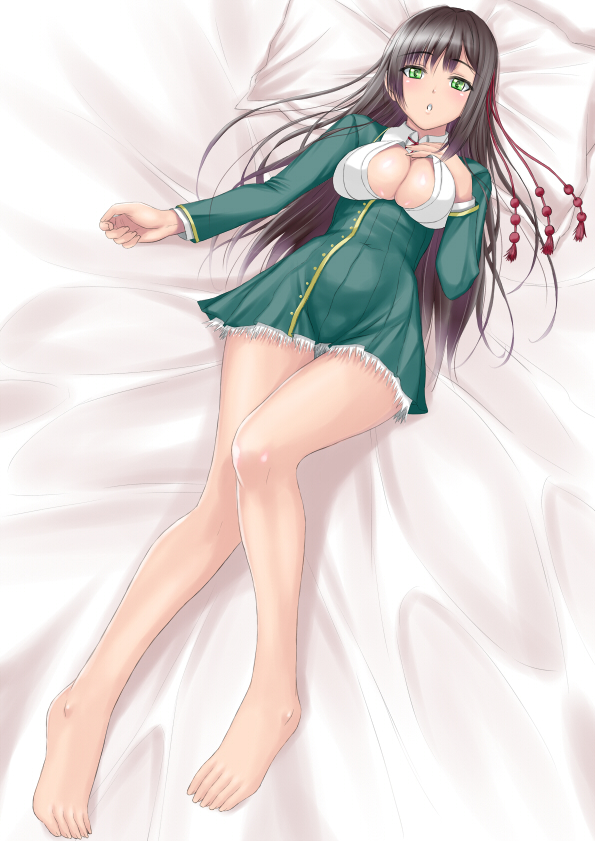 10s 1girl black_hair breasts cleavage female_focus from_above full_body green_eyes koi_to_senkyo_to_chocolate large_breasts long_hair muffin_(sirumeria) open_clothes open_shirt school_uniform shinonome_satsuki shirt solo