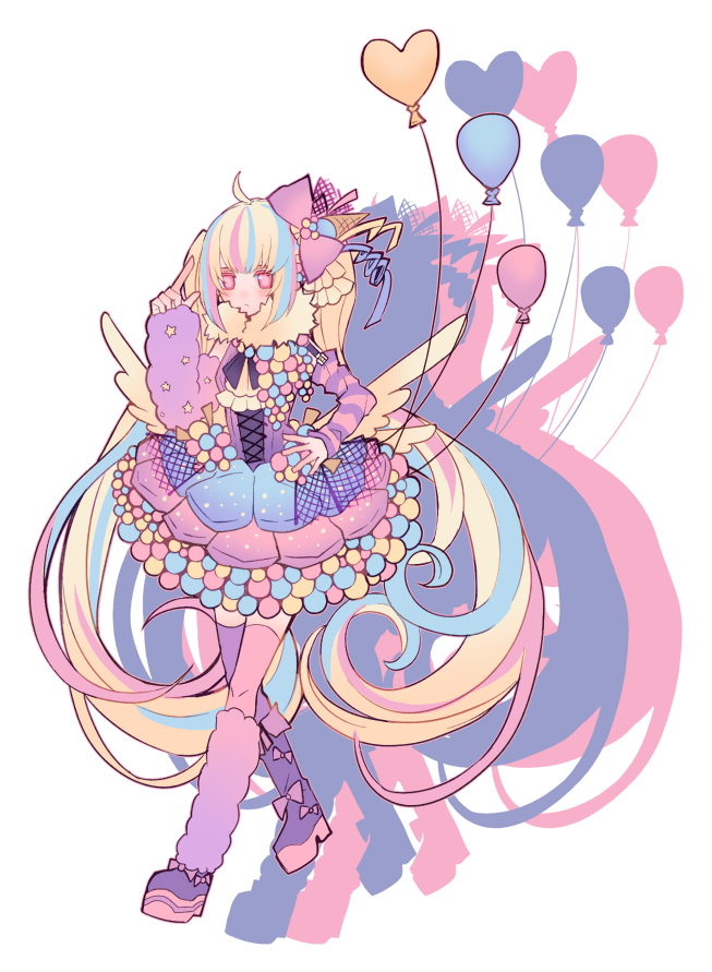 1bitheart 1girl ahoge asymmetrical_legwear asymmetrical_sleeves balloon blonde_hair blue_dress blue_hair blue_ribbon blush boots bow closed_mouth decora dress fake_wings full_body fur_collar headphones heart_balloon layered_skirt leg_warmers long_hair long_sleeves low_wings mismatched_legwear mismatched_sleeves miwasiba multicolored_clothes multicolored_hair neck_ribbon official_art pink_bow pink_dress pink_eyes pink_hair pom_pom_(clothes) purple_boots purple_dress ribbon seno_mary single_leg_warmer skirt solo streaked_hair thighhighs transparent_background very_long_hair wings