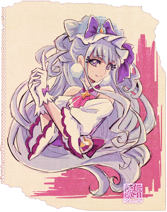 1girl artist_logo ascot bare_shoulders commentary commentary_request cure_amour dress earrings english_commentary eyelashes gloves graph_paper hair_ornament happy hugtto!_precure jewelry kamikita_futago logo long_hair looking_at_viewer magical_girl official_art paper_background partial_commentary pom_pom_(clothes) pom_pom_earrings precure purple_ascot purple_dress purple_eyes purple_hair ruru_amour signature simple_background smile solo upper_body watercolor_background white_gloves