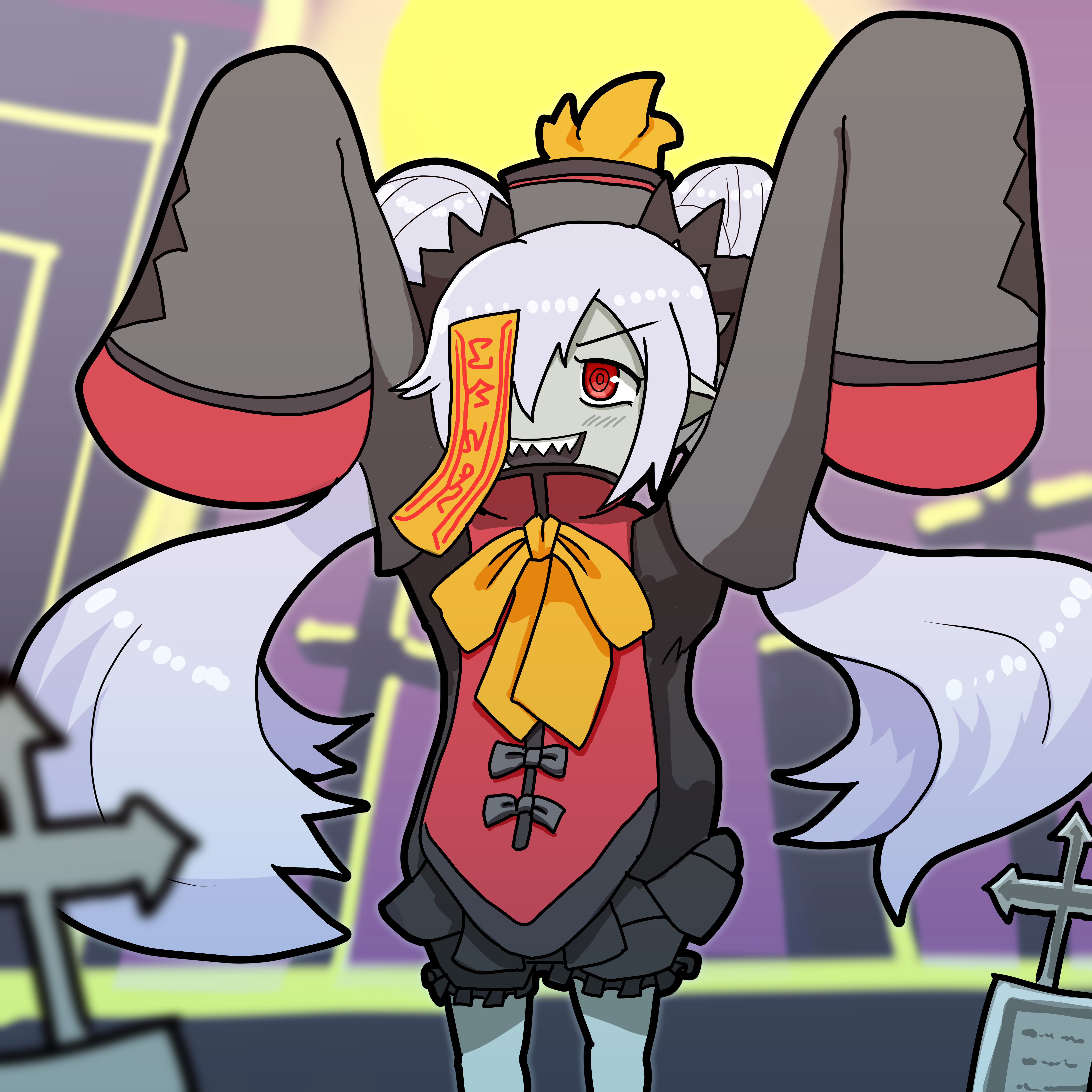 1girl absurdres bow chinese_clothes colored_skin death_princess_(disgaea) disgaea double_bun grey_skin hair_bun highres jiangshi jiangshi_costume long_hair makai_senki_disgaea_7 twintails yellow_bow zombie