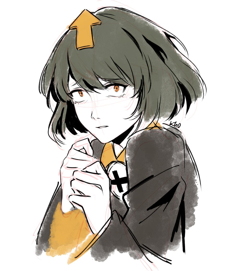 1girl arrow_(symbol) arrow_hair_ornament b1n04 bob_cut collar cowering delilah_(guilty_gear) directional_arrow_hair_ornament green_hair guilty_gear guilty_gear_strive hands_up long_sleeves looking_at_viewer nervous orange_eyes parted_lips short_hair simple_background sketch small_pupils solo upper_body white_background x_mark