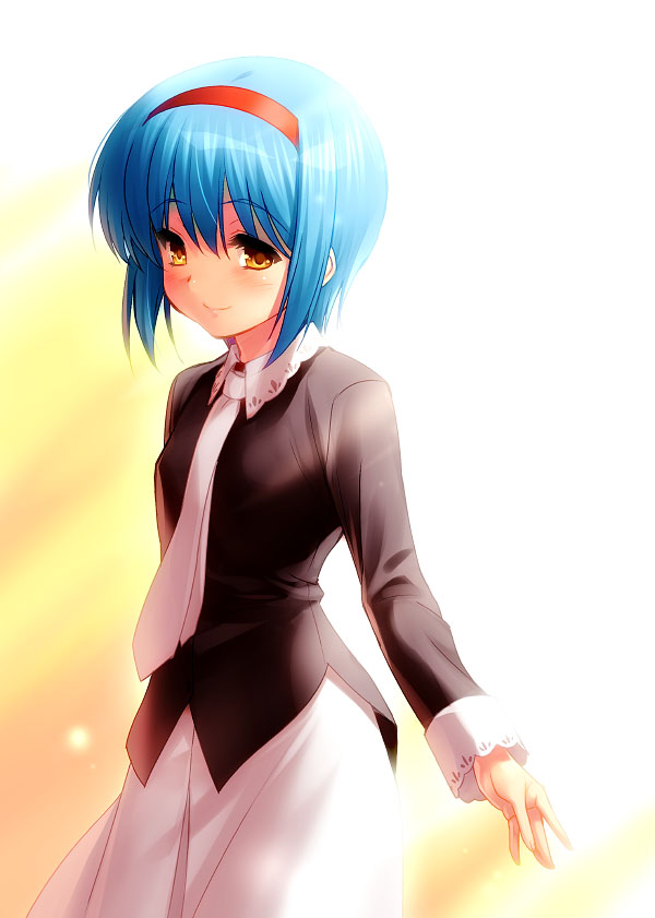 1girl blue_hair blush breasts closed_mouth commentary commentary_request ears_visible_through_hair female_focus hairband little_busters! long_sleeves looking_at_viewer necktie nishizono_mio pink_necktie pink_skirt red_hairband short_hair simple_background skirt solo yellow_eyes zen