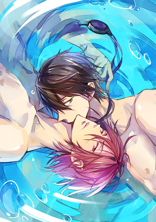 2boys black_hair blue_eyes free! long_neck looking_at_viewer male_focus matsuoka_rin medium_hair multiple_boys nanase_haruka_(free!) niaoniaoyoo nipples pectorals red_eyes red_hair toned toned_male upper_body water yaoi