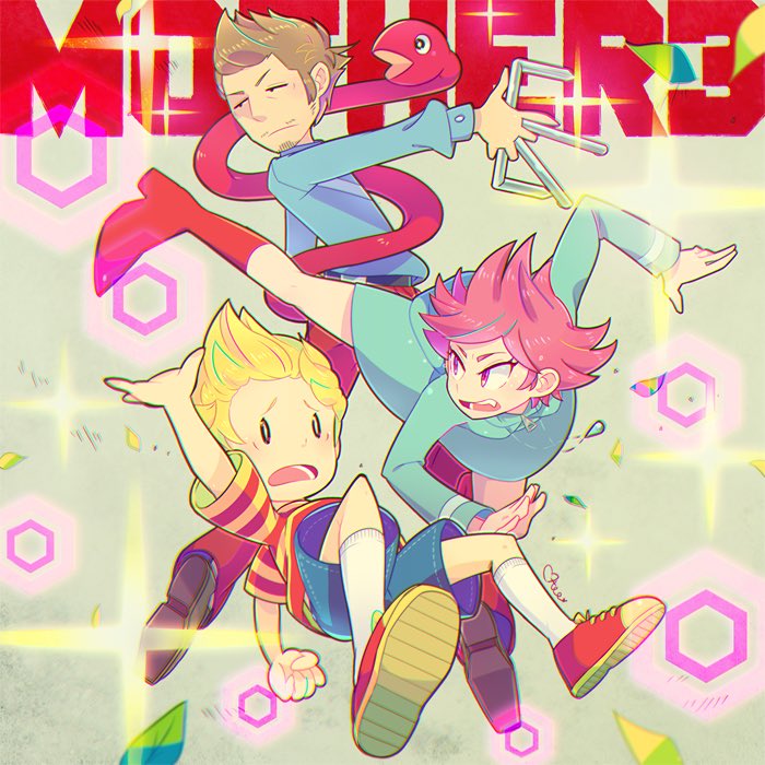 1girl 2boys artist_name belt bike_shorts blonde_hair boots brown_hair chromatic_aberration duster_(mother) facial_hair fang fingerless_gloves gloves hood hoodie jewelry kicking kumatora lucas_(mother_3) messy_hair mother_(series) mother_3 multiple_boys necklace nintendo otoe_(milkyboy_inc.) pants pink_eyes pink_hair quiff rope_snake shoes short_hair shorts sneakers staple