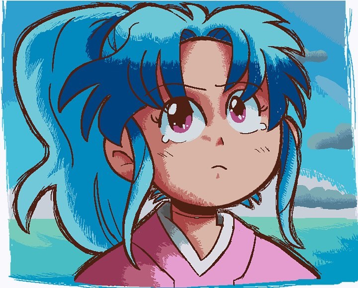 1girl blue_hair botan_(yu_yu_hakusho) frown japanese_clothes kimono looking_up mixtapem8 pink_eyes pink_kimono ponytail simple_background solo solo_focus tearing_up tears yuu_yuu_hakusho