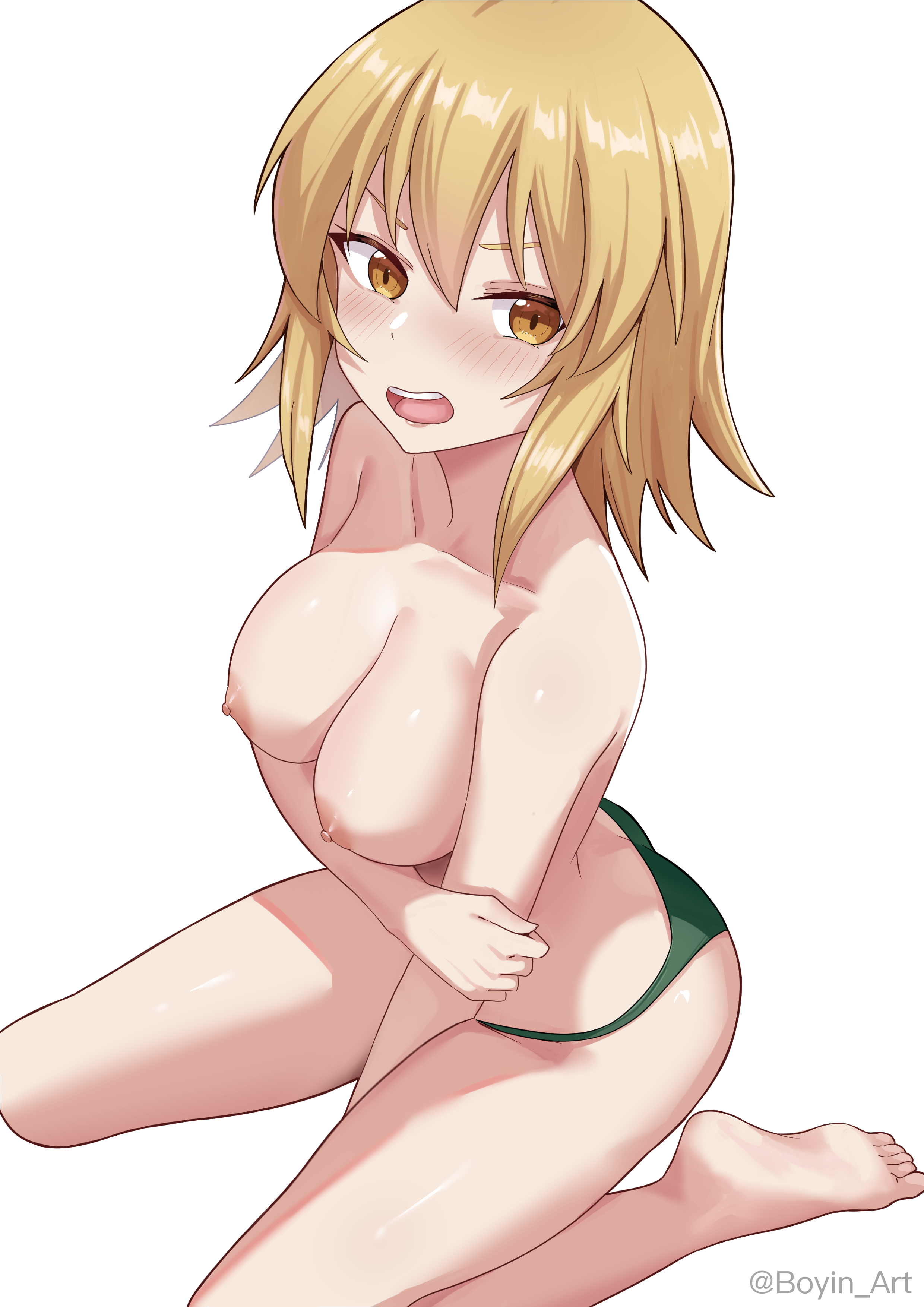 1girl absurdres ass bikini bikini_bottom_only blonde_hair blush boyin breasts butt_crack cagalli_yula_athha cleavage green_panties gundam gundam_seed gundam_seed_destiny gundam_seed_freedom highres holding_own_arm kneeling large_breasts looking_at_viewer nipples open_mouth panties short_hair solo swimsuit topless_female underwear underwear_only yellow_eyes