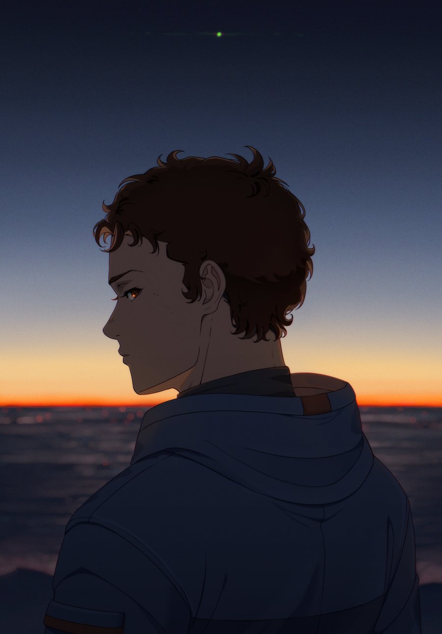 1boy brown_eyes brown_hair closed_mouth dusk enelous from_behind gundam gundam_hathaway&#039;s_flash hathaway_noa highres horizon looking_at_viewer male_focus outdoors profile short_hair sideways_glance sky solo upper_body very_short_hair