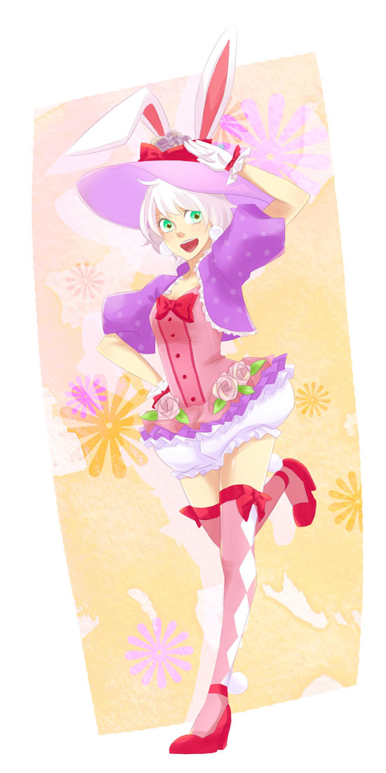 1girl animal_ears bow dancer disney disneyland easter easter_wonderland end_bunny_(disney) flower frills gloves hair_flower hair_ornament hat high_heels hime_cut iconny pantyhose rabbit_ears short_hair smile solo thighhighs top_hat white_hair