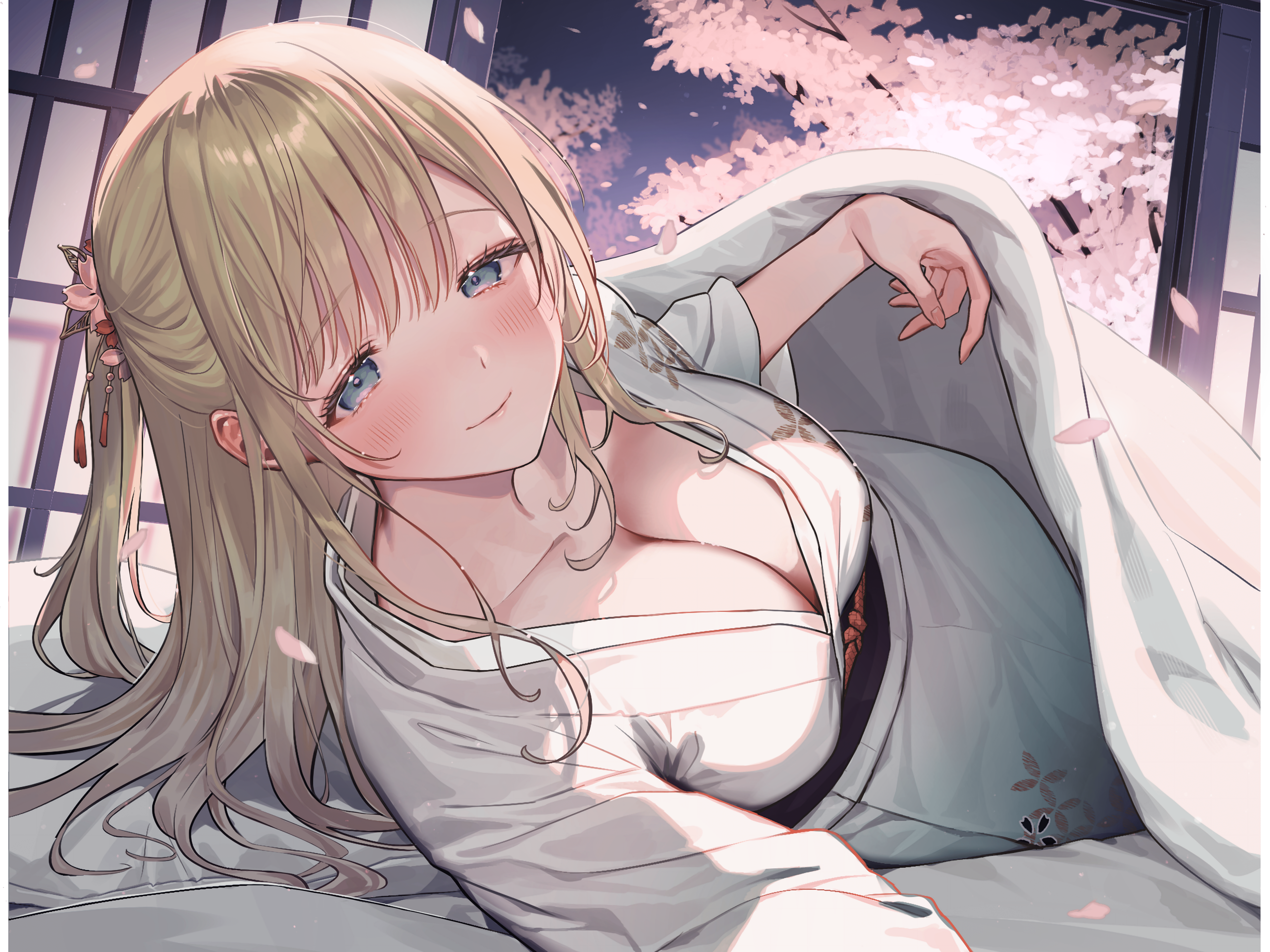 1girl absurdres bed_sheet blanket blush breasts brown_hair cherry_blossoms cleavage collarbone falling_petals futon grey_eyes hair_ornament highres japanese_clothes kimono large_breasts long_hair looking_at_viewer lying natsuhiko night on_side original petals pink_petals shouji sidelocks sliding_doors smile solo under_covers white_kimono yukata