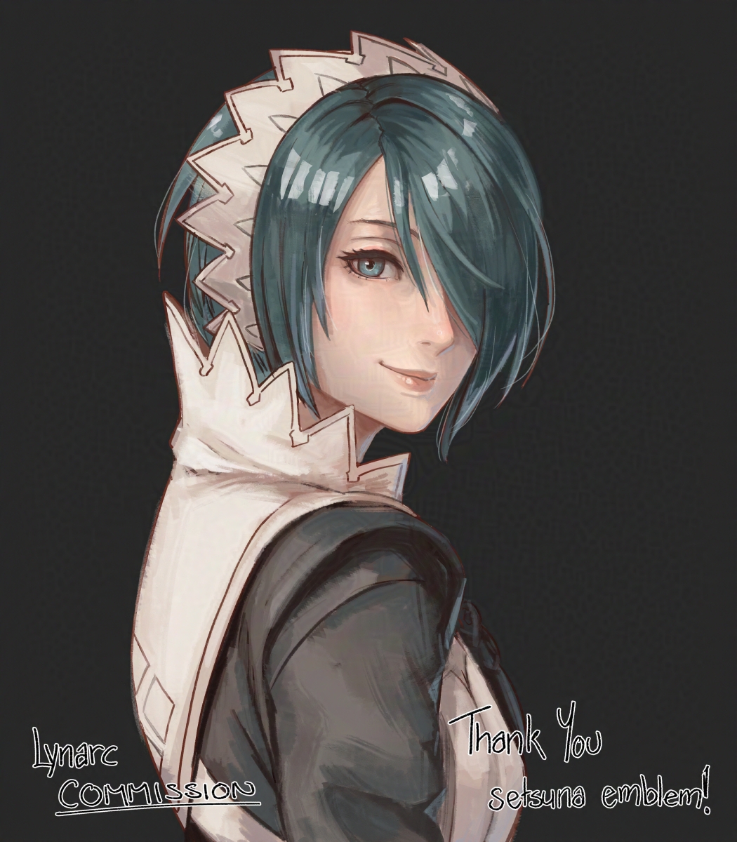 1girl blue_eyes blue_hair fire_emblem fire_emblem_fates hair_over_one_eye highres looking_at_viewer lynarc nintendo nohrian_maid_uniform setsuna_(fire_emblem) short_hair simple_background smile solo white_headdress