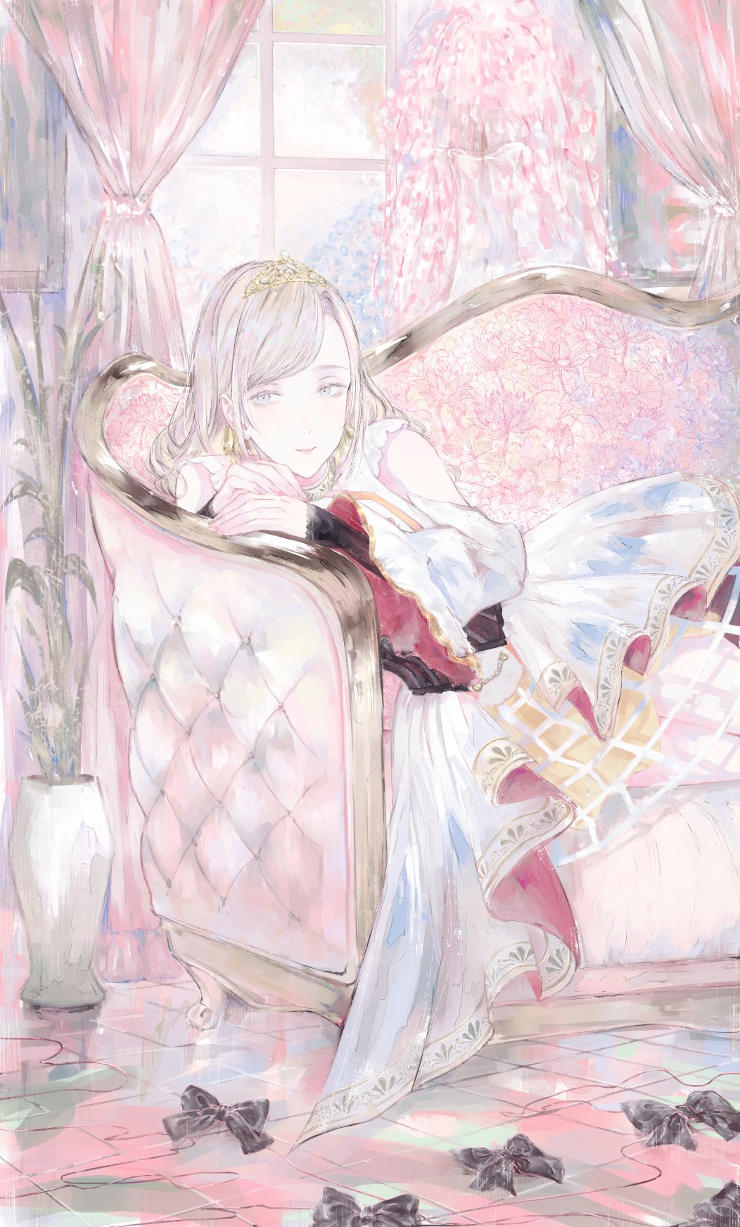 1girl black_bow blue_eyes blush bow ceras_yanagida_lilienfeld closed_mouth clothing_cutout commentary couch cowboy_shot curtains dress edelied gold_tiara grey_hair hair_ribbon highres indoors link!_like!_love_live! long_hair looking_at_viewer love_live! lying official_alternate_costume on_couch on_side plant potted_plant ribbon shoulder_cutout smile solo swept_bangs unworn_bow white_dress window yellow_ribbon yoruneko_yashiro