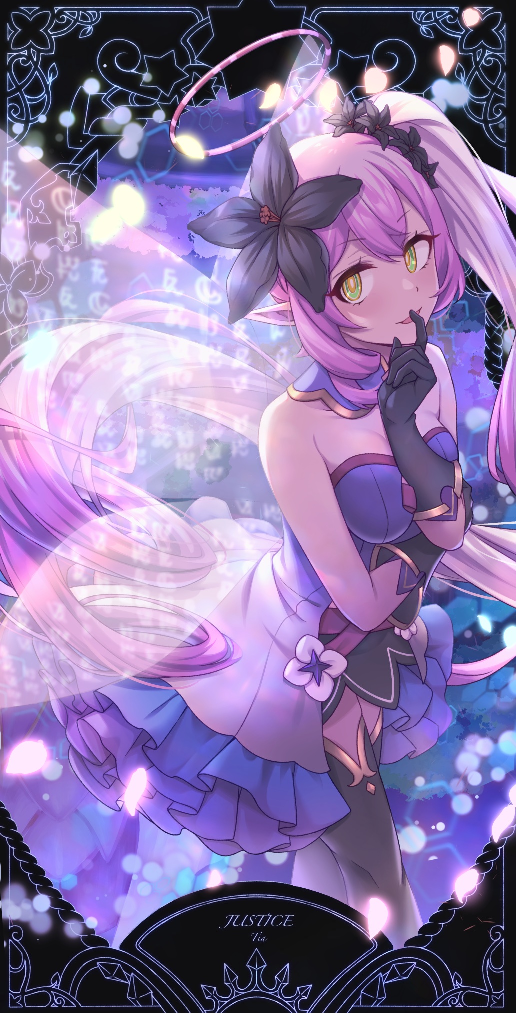 altheavin asymmetrical_hair black_flower black_gloves boots card_(medium) detached_collar dress fairy_wings flower gloves hair_flower hair_ornament halo highres justice_(tarot) multicolored_eyes pointy_ears princess_connect! purple_dress red_halo side_ponytail tarot tarot_(medium) thigh_boots tia_(princess_connect!) wings