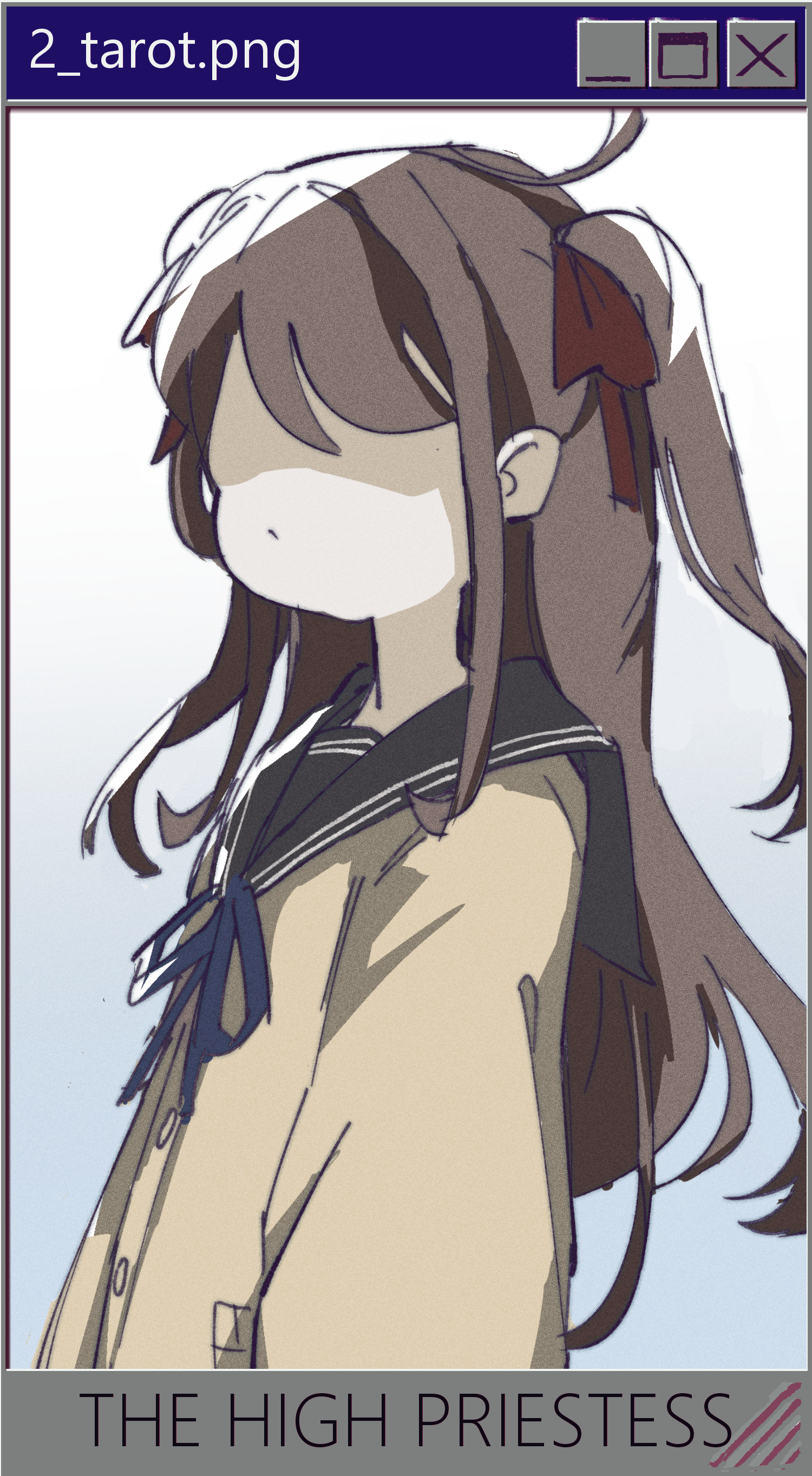 1girl absurdres black_sailor_collar blue_ribbon bow brown_hair card_(medium) cardigan closed_mouth faceless faceless_female highres live2d_inc. long_hair long_sleeves microsoft_windows momose_hiyori neck_ribbon non-web_source pasharuu red_bow ribbon sailor_collar sidelocks solo tarot tarot_(medium) the_high_priestess_(tarot) two_side_up upper_body virtual_youtuber windows_95 windows_classic yellow_cardigan