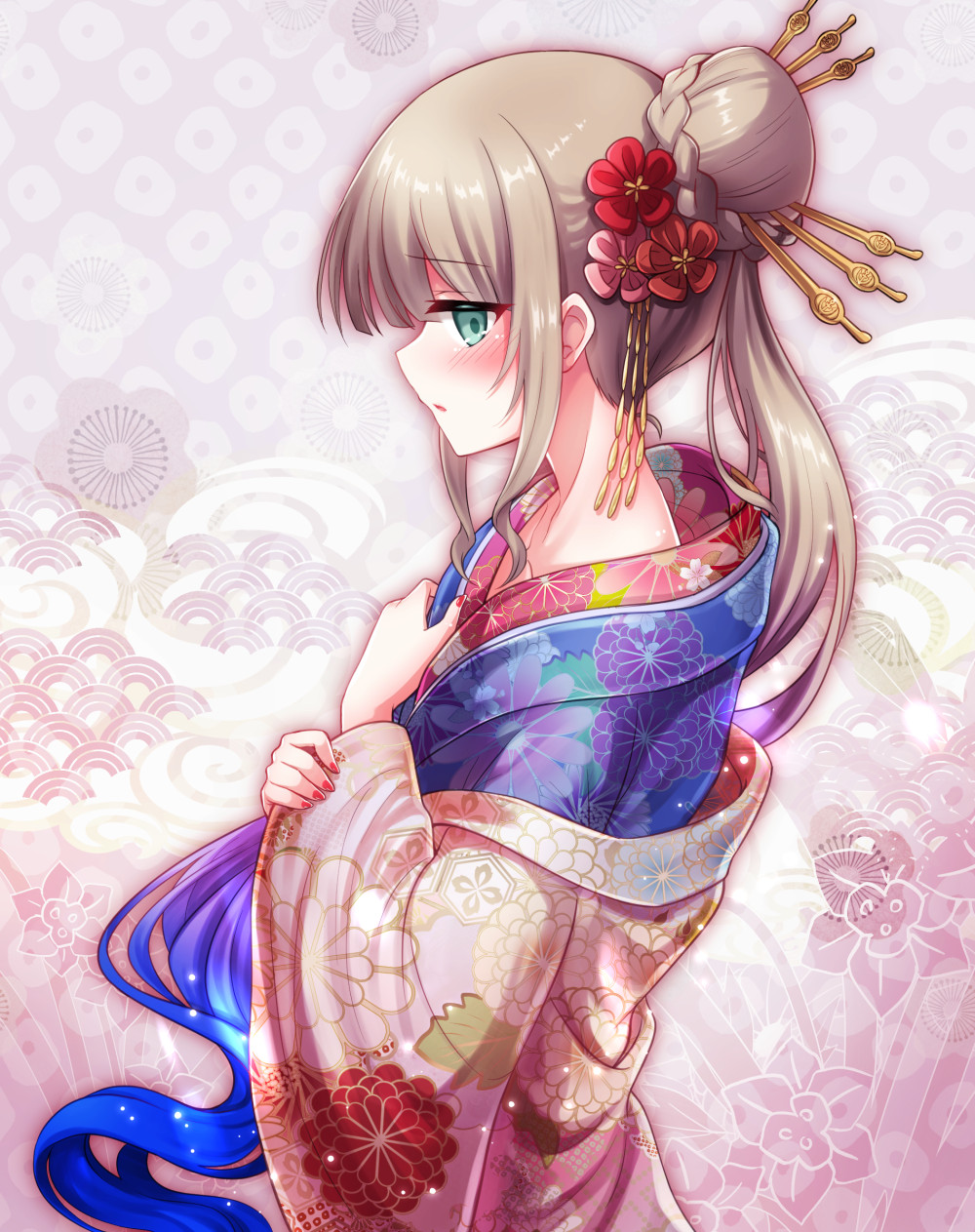 1boy blonde_hair blue_eyes blue_hair blush captain_nemo_(fate) fate/grand_order fate_(series) flower gradient_hair green_eyes hair_ornament highres japanese_clothes kimono long_hair looking_at_viewer male_focus multicolored_hair nemo_(fate) new_year open_mouth shell_ocean solo very_long_hair wide_sleeves