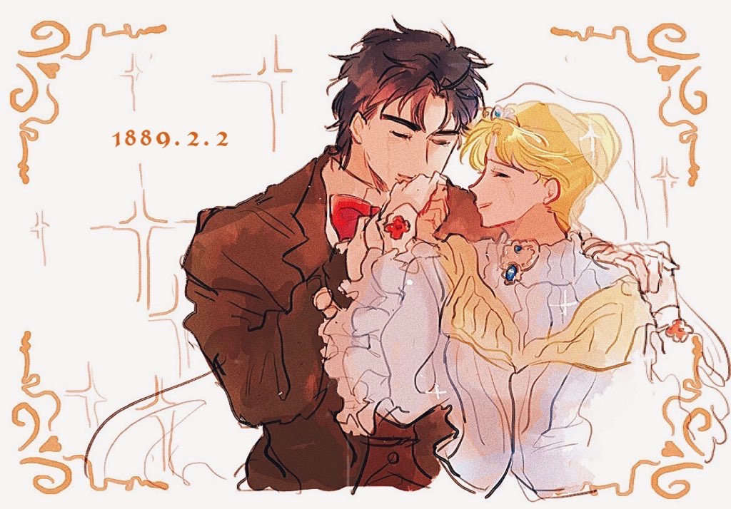 1boy 1girl alternate_costume arm_around_shoulder black_hair blonde_hair border bow bowtie bridal_veil brown_jacket brown_vest closed_eyes closed_mouth collared_shirt couple dress erina_pendleton facing_another formal_clothes frilled_sleeves frills fuha_(azukiba_9) hair_bun hand_grab hetero jacket jojo_no_kimyou_na_bouken jonathan_joestar kiss kissing_hand long_sleeves orange_border ornate_border phantom_blood red_bow red_bowtie shirt short_hair simple_background single_hair_bun smile thick_eyebrows timestamp traditional_bowtie upper_body veil vest white_background white_dress white_shirt wide_sleeves wing_collar