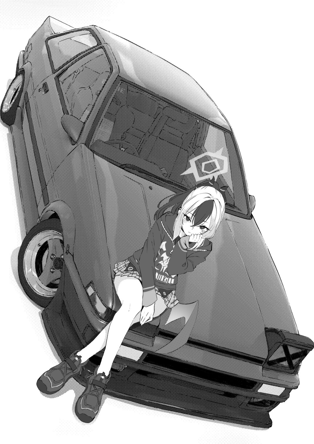1girl blue_archive car crossed_legs halo highres jun_project kayoko_(blue_archive) monochrome motor_vehicle on_car plaid_clothes plaid_skirt ponytail pop-up_headlights single_pop-up_headlight sitting skirt