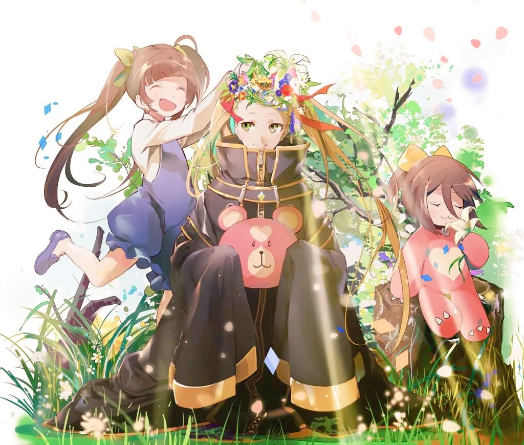 10s 3girls :3 animal_costume aoki_hagane_no_arpeggio bad_id bad_pixiv_id bear_costume blonde_hair brown_eyes brown_hair chibi coat closed_eyes flower green_eyes haruna_(aoki_hagane_no_arpeggio) head_wreath kirishima_(aoki_hagane_no_arpeggio) long_hair multiple_girls naye osakabe_makie overalls ponytail short_hair stuffed_animal stuffed_toy teddy_bear tree_stump twintails yotarou_(aoki_hagane_no_arpeggio)
